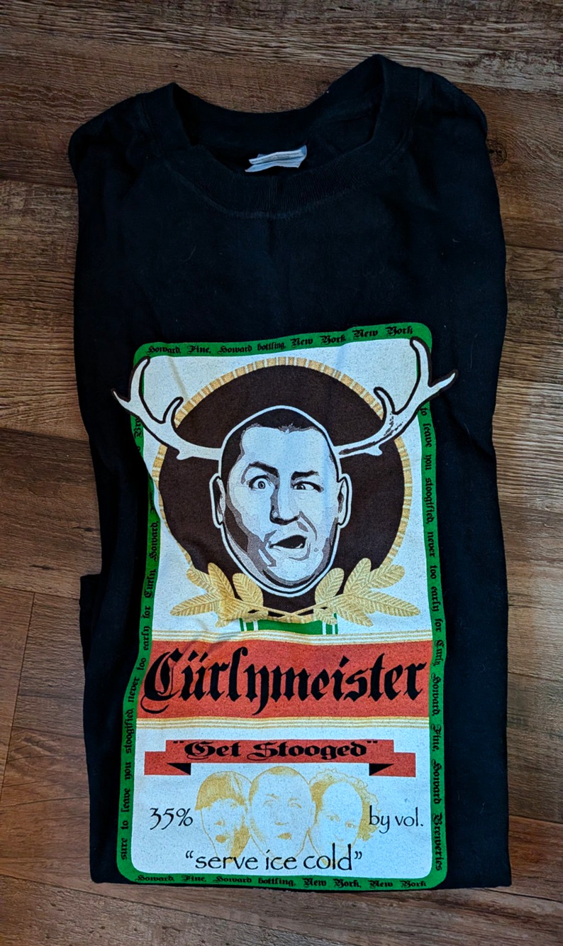 Three Stooges Curlymeister T Shirt Mens L Black Jagermeister Parody Skater Y2K